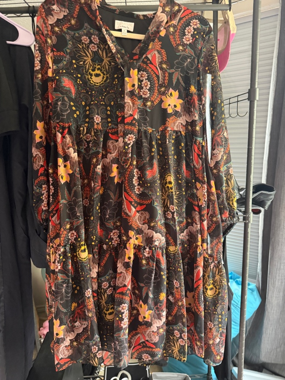 Signature by Robbie Bee Black Floral Paisley Long Sleeve Dress